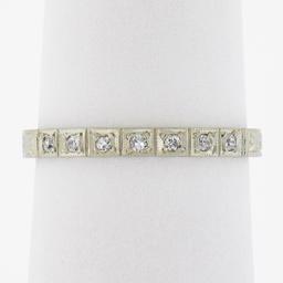 Antique 18K White Gold .08 ctw Pave Diamond Engraved Scroll Work Stack Band Ring