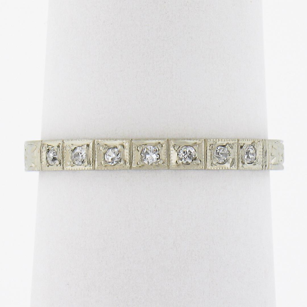 Antique 18K White Gold .08 ctw Pave Diamond Engraved Scroll Work Stack Band Ring