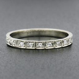 Antique 18K White Gold .08 ctw Pave Diamond Engraved Scroll Work Stack Band Ring