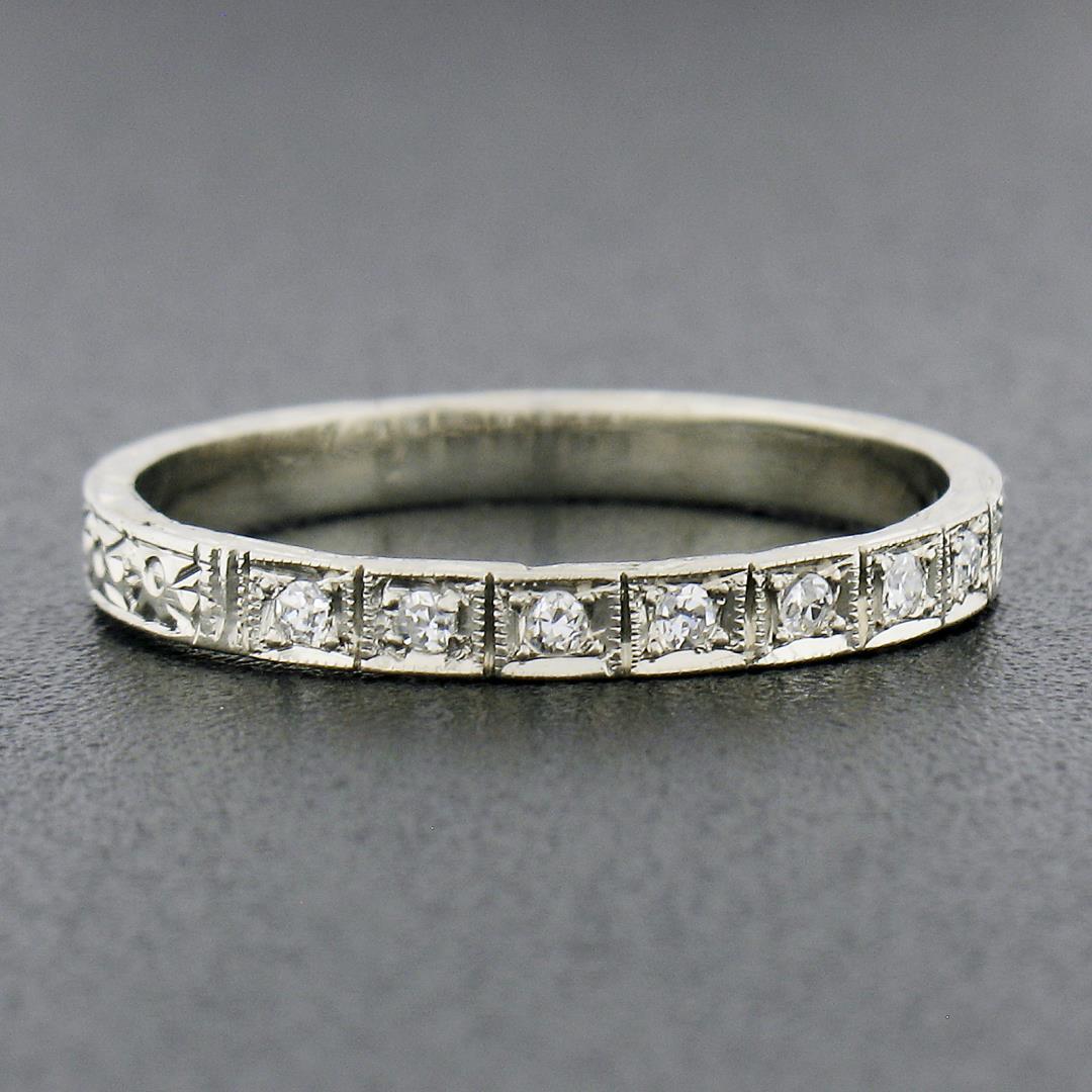 Antique 18K White Gold .08 ctw Pave Diamond Engraved Scroll Work Stack Band Ring