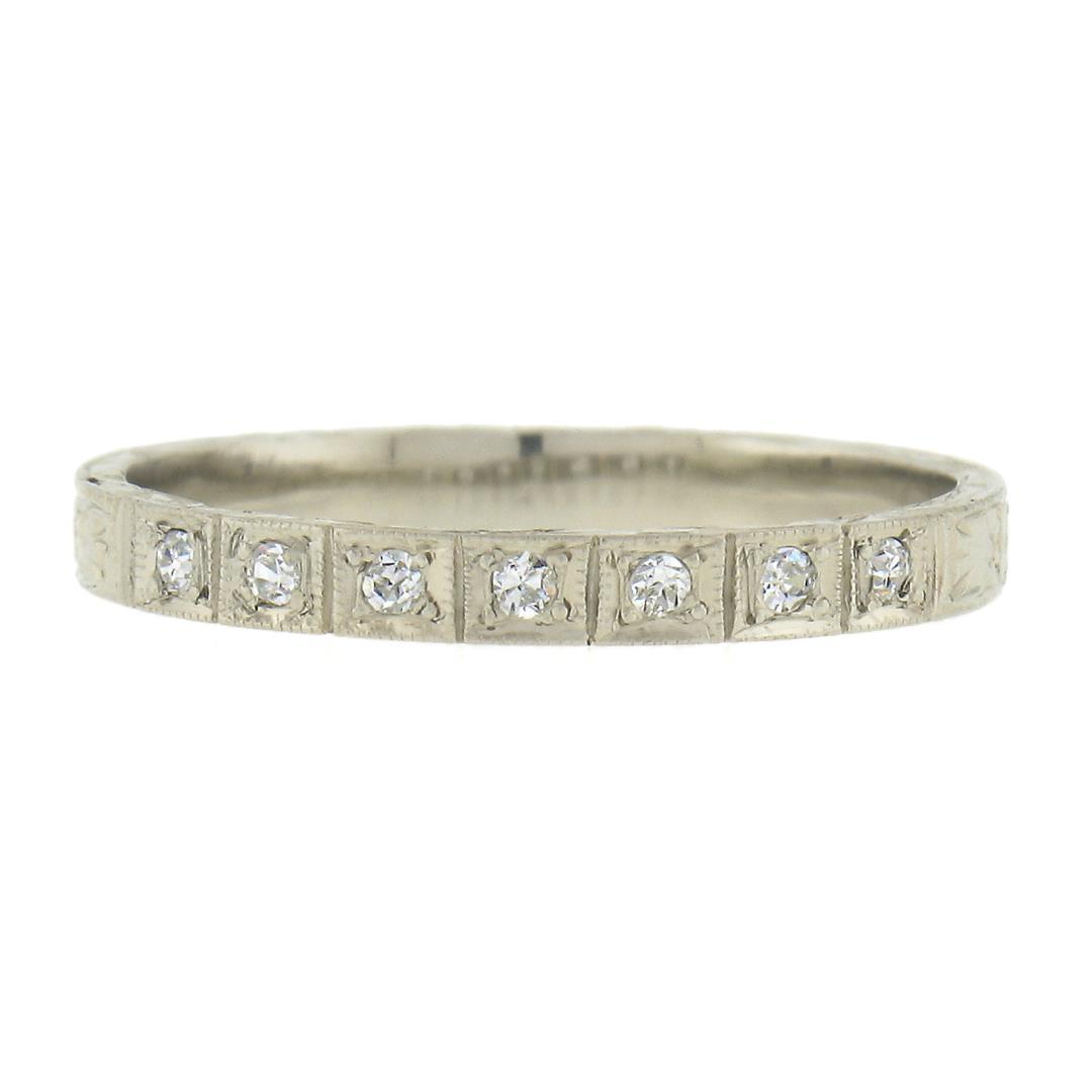 Antique 18K White Gold .08 ctw Pave Diamond Engraved Scroll Work Stack Band Ring