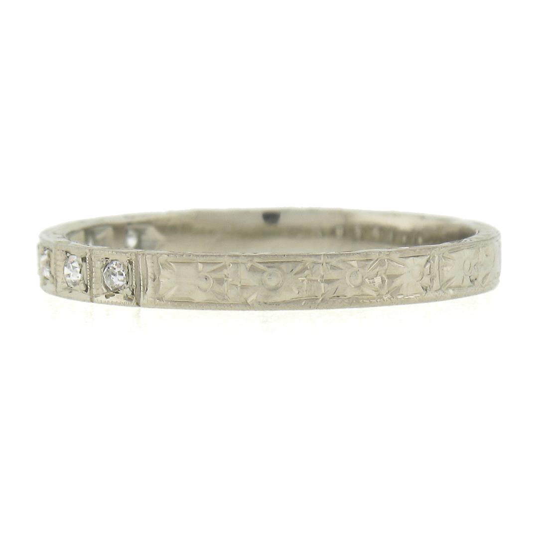 Antique 18K White Gold .08 ctw Pave Diamond Engraved Scroll Work Stack Band Ring