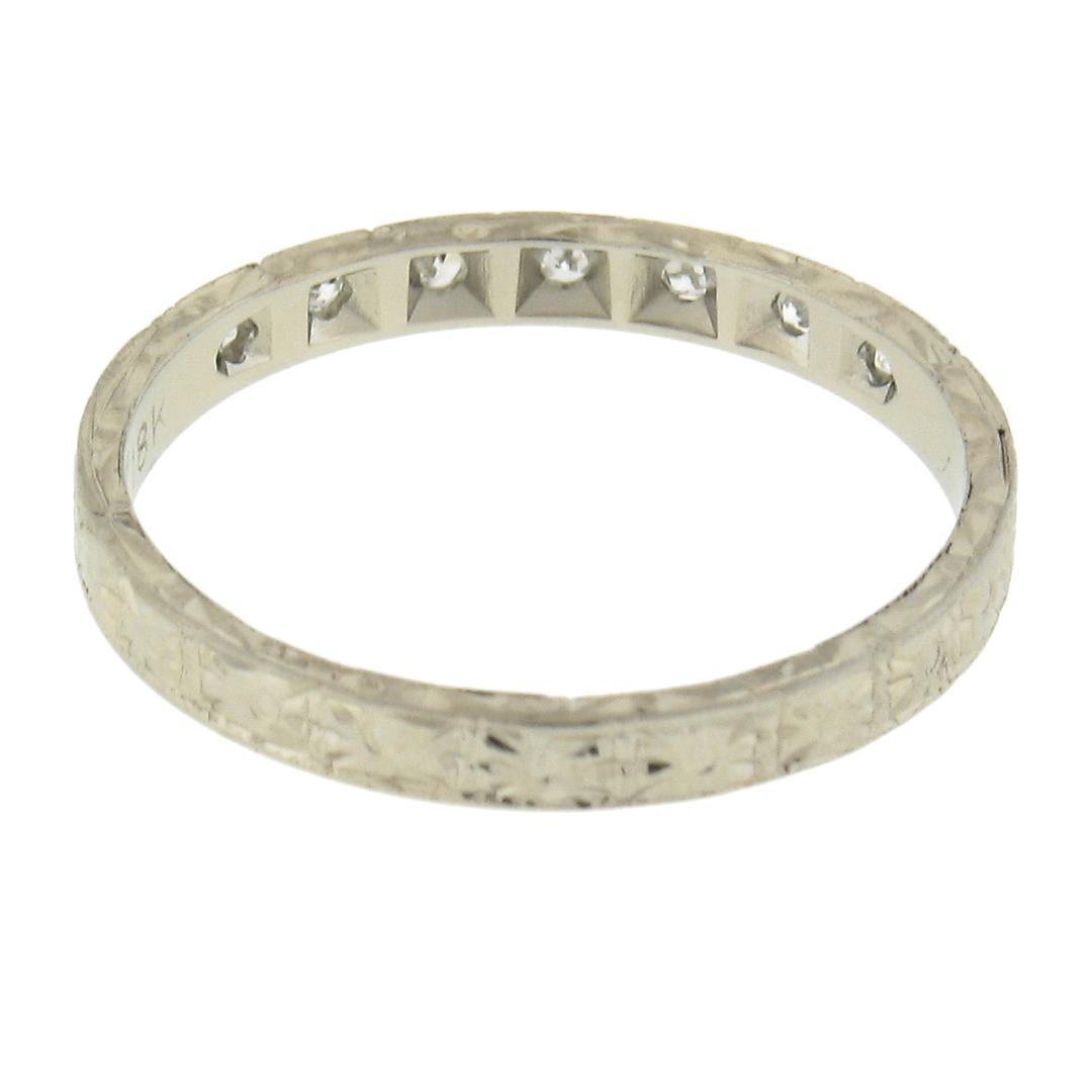 Antique 18K White Gold .08 ctw Pave Diamond Engraved Scroll Work Stack Band Ring