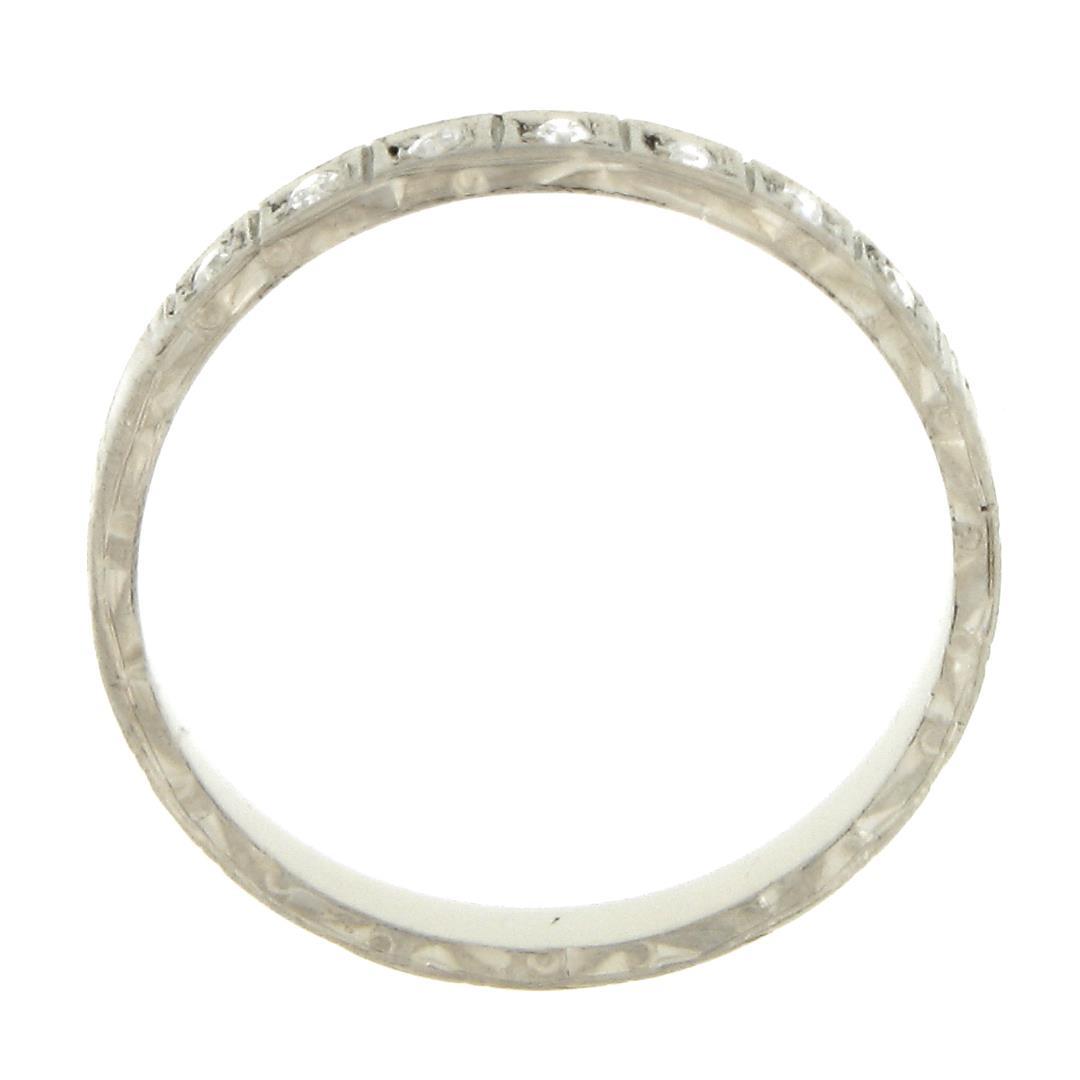 Antique 18K White Gold .08 ctw Pave Diamond Engraved Scroll Work Stack Band Ring