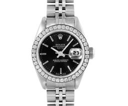 Rolex Ladies Quickset Stainless Steel Black Dial Diamond Bezel Date Watch 26MM