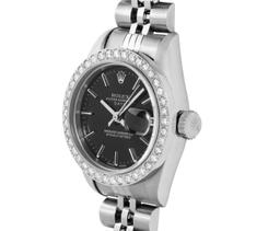 Rolex Ladies Quickset Stainless Steel Black Dial Diamond Bezel Date Watch 26MM