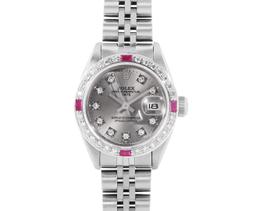 Rolex Ladies Stainless Steel Slate Gray Diamond And Ruby Date Wristwatch 26MM