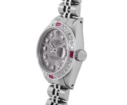 Rolex Ladies Stainless Steel Slate Gray Diamond And Ruby Date Wristwatch 26MM