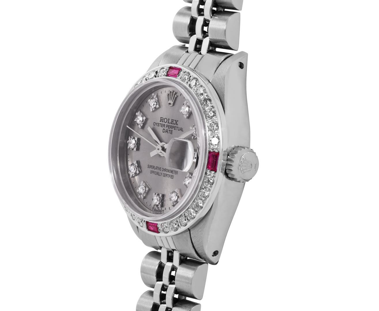 Rolex Ladies Stainless Steel Slate Gray Diamond And Ruby Date Wristwatch 26MM