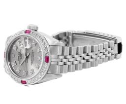 Rolex Ladies Stainless Steel Slate Gray Diamond And Ruby Date Wristwatch 26MM