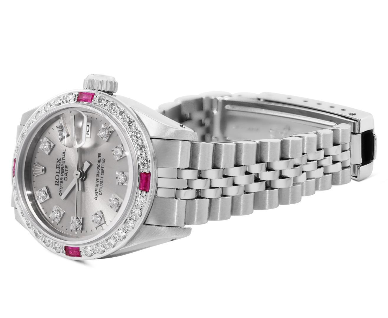 Rolex Ladies Stainless Steel Slate Gray Diamond And Ruby Date Wristwatch 26MM