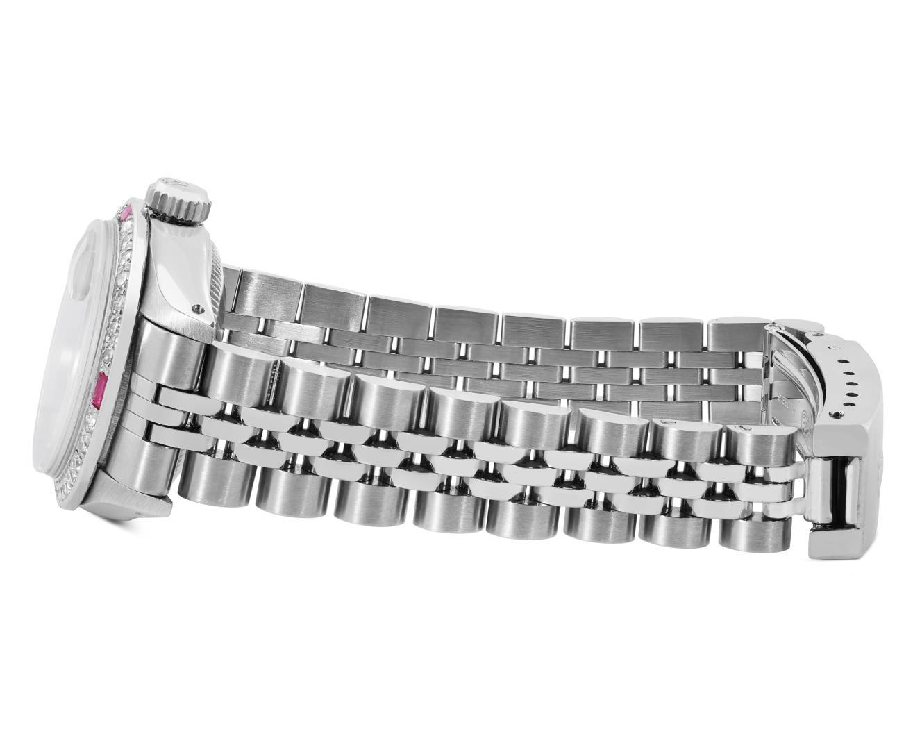 Rolex Ladies Stainless Steel Slate Gray Diamond And Ruby Date Wristwatch 26MM