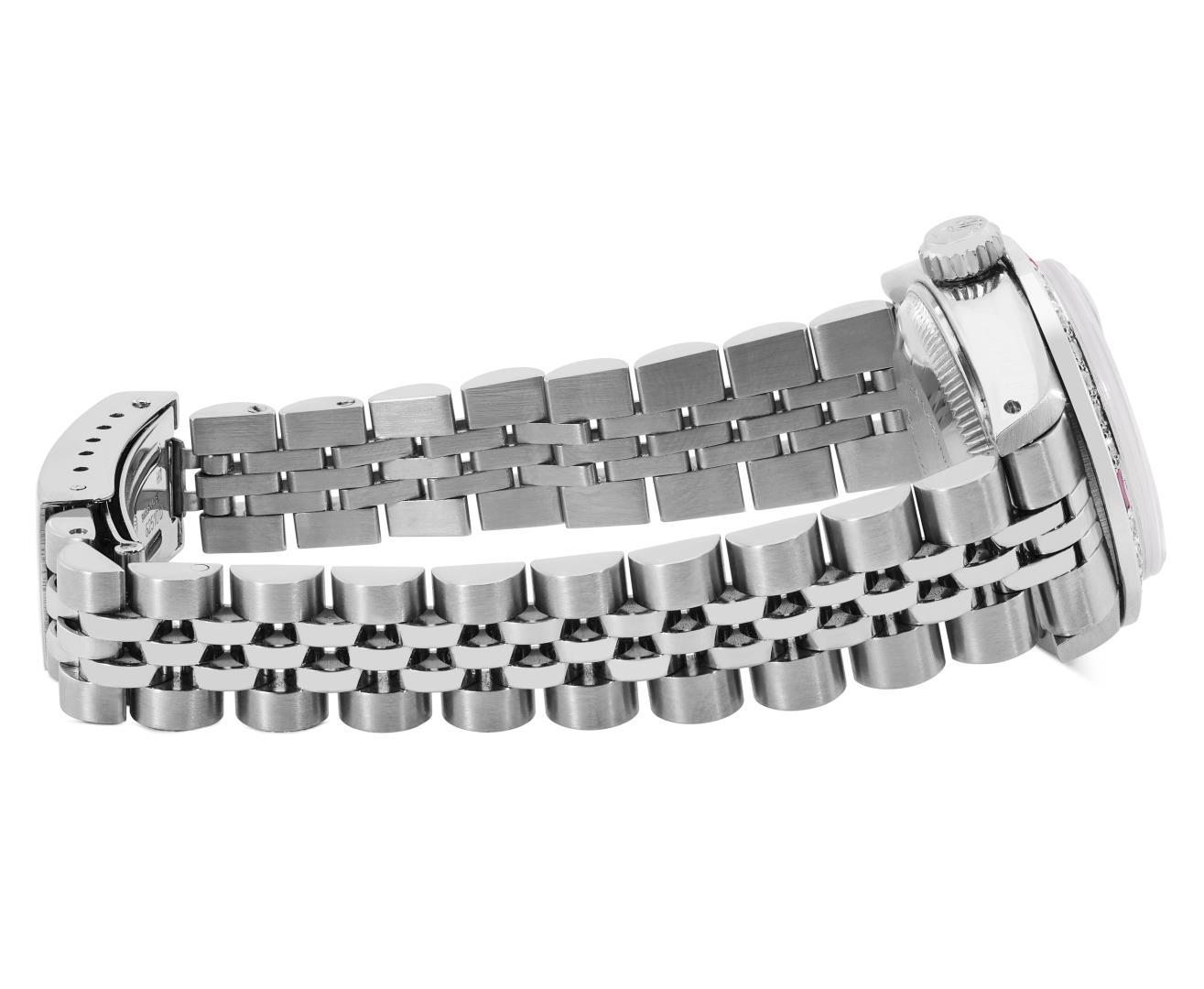 Rolex Ladies Stainless Steel Slate Gray Diamond And Ruby Date Wristwatch 26MM