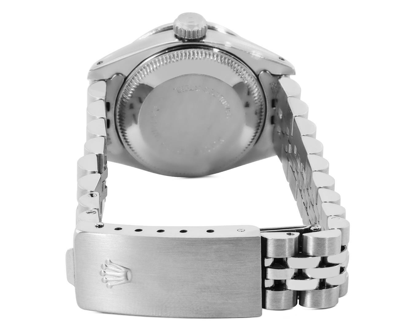 Rolex Ladies Stainless Steel Slate Gray Diamond And Ruby Date Wristwatch 26MM