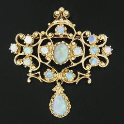 Vintage 14k Yellow Gold 2.02 ctw Cabochon Dangle Teardrop Australian Opal Pin Br