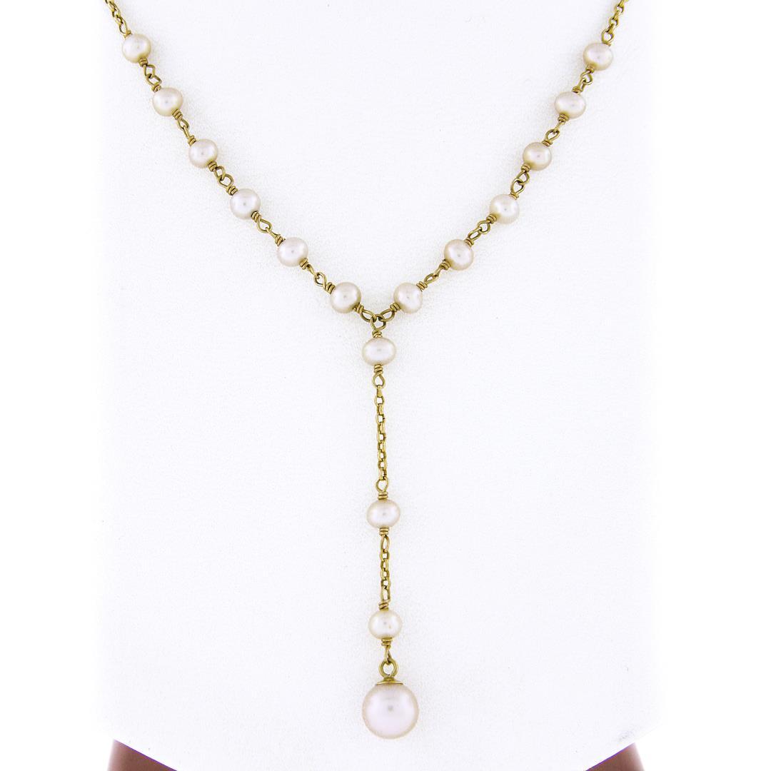 14K Yellow Gold 3.7-6.3mm Cultured Pearl Dangle Drop Adjustable Chain Necklace