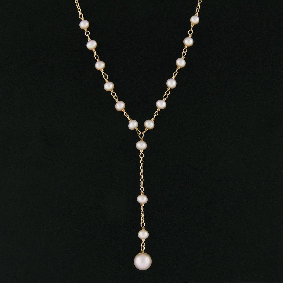 14K Yellow Gold 3.7-6.3mm Cultured Pearl Dangle Drop Adjustable Chain Necklace