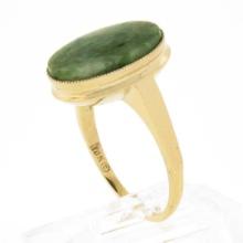 10K Gold Milgrain Bezel Set Oval Cabochon Jade Polished Simple Solitaire Ring