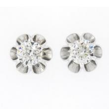 NEW 14K White Gold 0.85 ctw European Diamond Buttercup Prong Flower Stud Earring