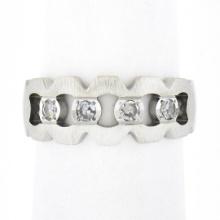 Vintage 14K White Gold Diamond Illusion Open Work Matte Finish Wide Band Ring