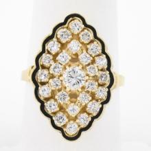 Vintage 14k Yellow Gold 1.12 ctw Round Diamond Black Enamel Navette Marquise Rin