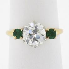 Antique 18k Gold & Platinum 2.02 ctw GIA European Diamond w/ Emerald 3 Stone Rin