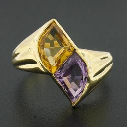 14k Yellow Gold Custom Fan Cut Bezel Citrine & Amethyst Polished Two Stone Ring