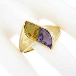 14k Yellow Gold Custom Fan Cut Bezel Citrine & Amethyst Polished Two Stone Ring