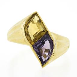 14k Yellow Gold Custom Fan Cut Bezel Citrine & Amethyst Polished Two Stone Ring