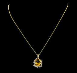 4.82 ctw Citrine Quartz and Diamond Pendant With Chain - 14KT Yellow Gold