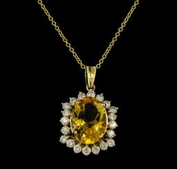 4.82 ctw Citrine Quartz and Diamond Pendant With Chain - 14KT Yellow Gold