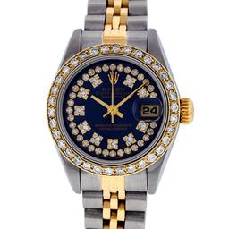 Rolex Ladies Two Tone Sapphire Quickset Blue String Diamond Datejust Wristwatch