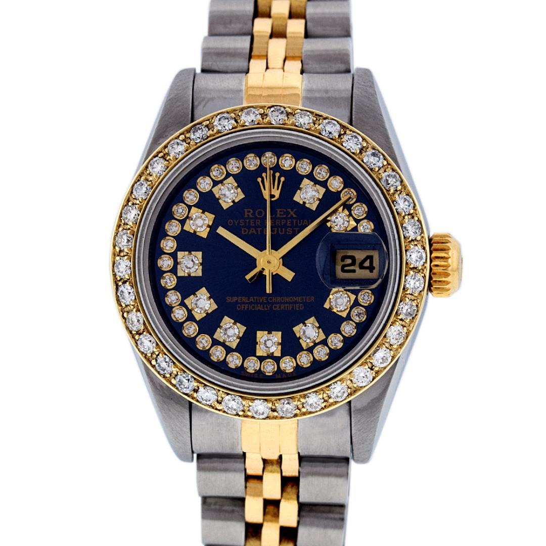 Rolex Ladies Two Tone Sapphire Quickset Blue String Diamond Datejust Wristwatch
