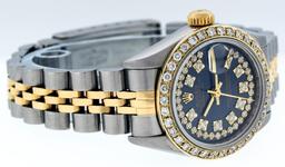 Rolex Ladies Two Tone Sapphire Quickset Blue String Diamond Datejust Wristwatch