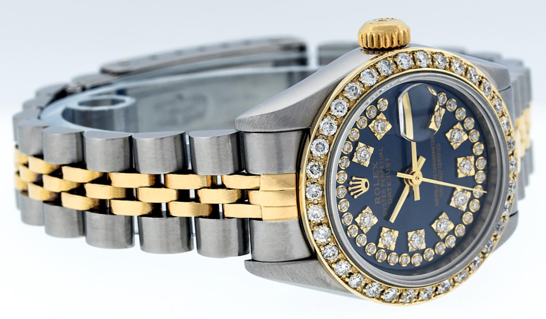 Rolex Ladies Two Tone Sapphire Quickset Blue String Diamond Datejust Wristwatch
