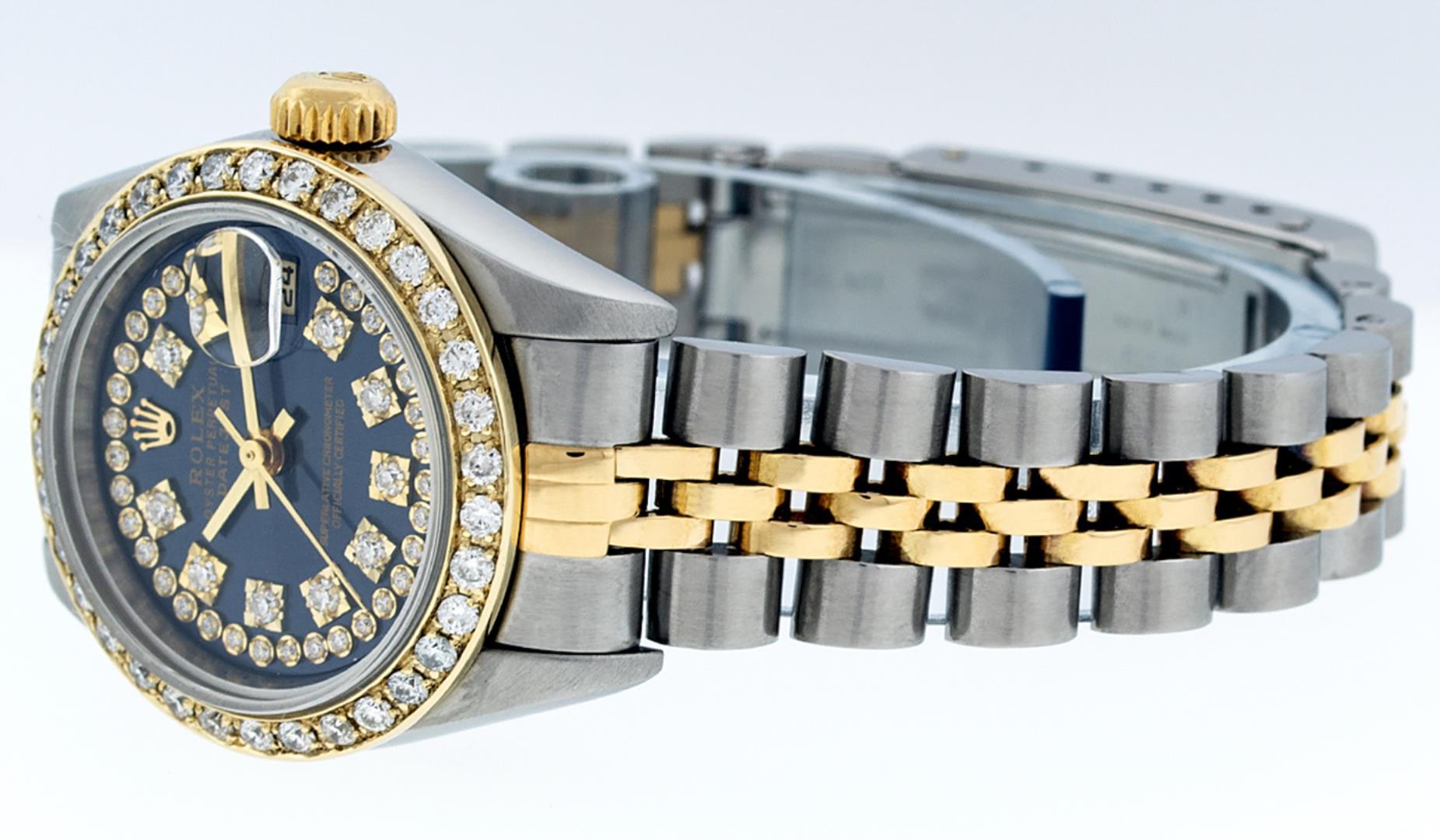 Rolex Ladies Two Tone Sapphire Quickset Blue String Diamond Datejust Wristwatch