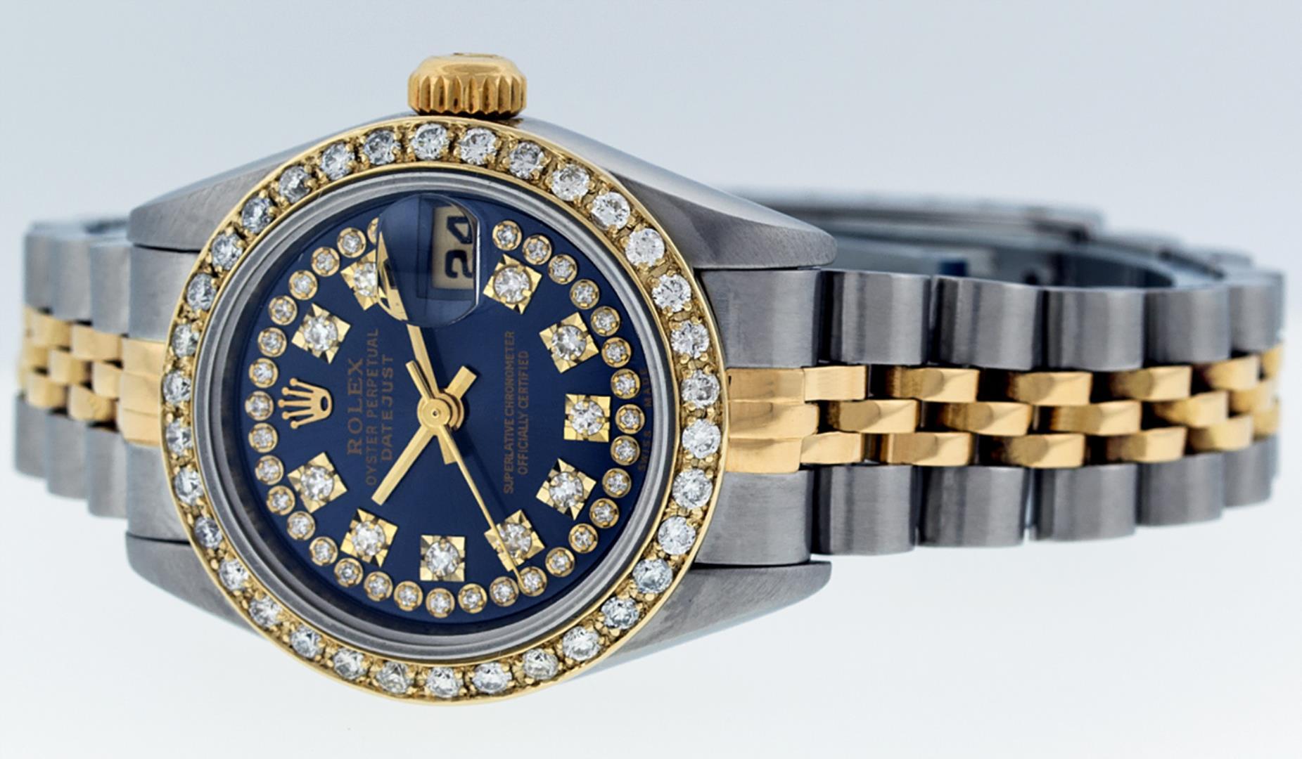 Rolex Ladies Two Tone Sapphire Quickset Blue String Diamond Datejust Wristwatch