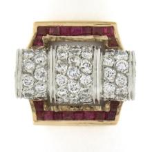 Unique Vintage Retro 14k Gold & Platinum 2.75 ctw Diamond & Ruby Insert Ring Set