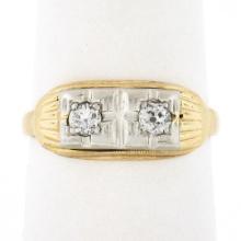 Antique Edwardian 14k TT Gold 0.20 ctw Old European Dual Diamond Etched Band Rin