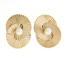 Vintage Retro Krementz 14K Gold 4.5mm Pearl Grooved Fluted Interlocking Earrings