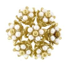 Vintage 18k Yellow Gold White Pearl Cluster Flower Bouquet Circle Pin Brooch