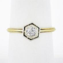Antique 14k TT Gold 0.20 ctw European Diamond Hexagon Open Basket Engagement Rin