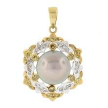 18k TT Gold 11mm Gray Tahitian Pearl w/ 0.66 ctw White & Yellow Diamond Pendant