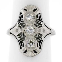 Antique Art Deco 18K White Gold.35 ctw Diamond Domed Etched Filigree Dinner Ring