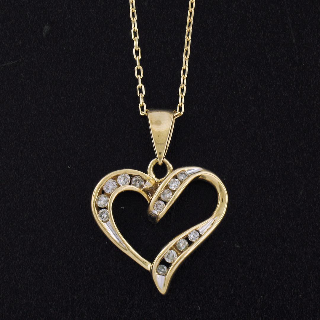 10k Yellow Gold 0.26 ctw Channel Set Round Diamond Open Heart Pendant Necklace