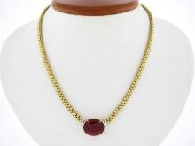 18K Two Tone Gold 12.82 ctw GIA Large Oval Red Rubellite Tourmaline 16" Necklace