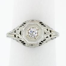 Antique Art Deco 18k White Gold.21 ctw Diamond Solitaire Filigree Engagement Rin