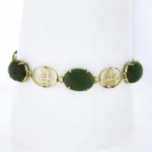 Vintage 14k Yellow Gold Oval Jade Chinese Open Work Symbol Letters Link Bracelet