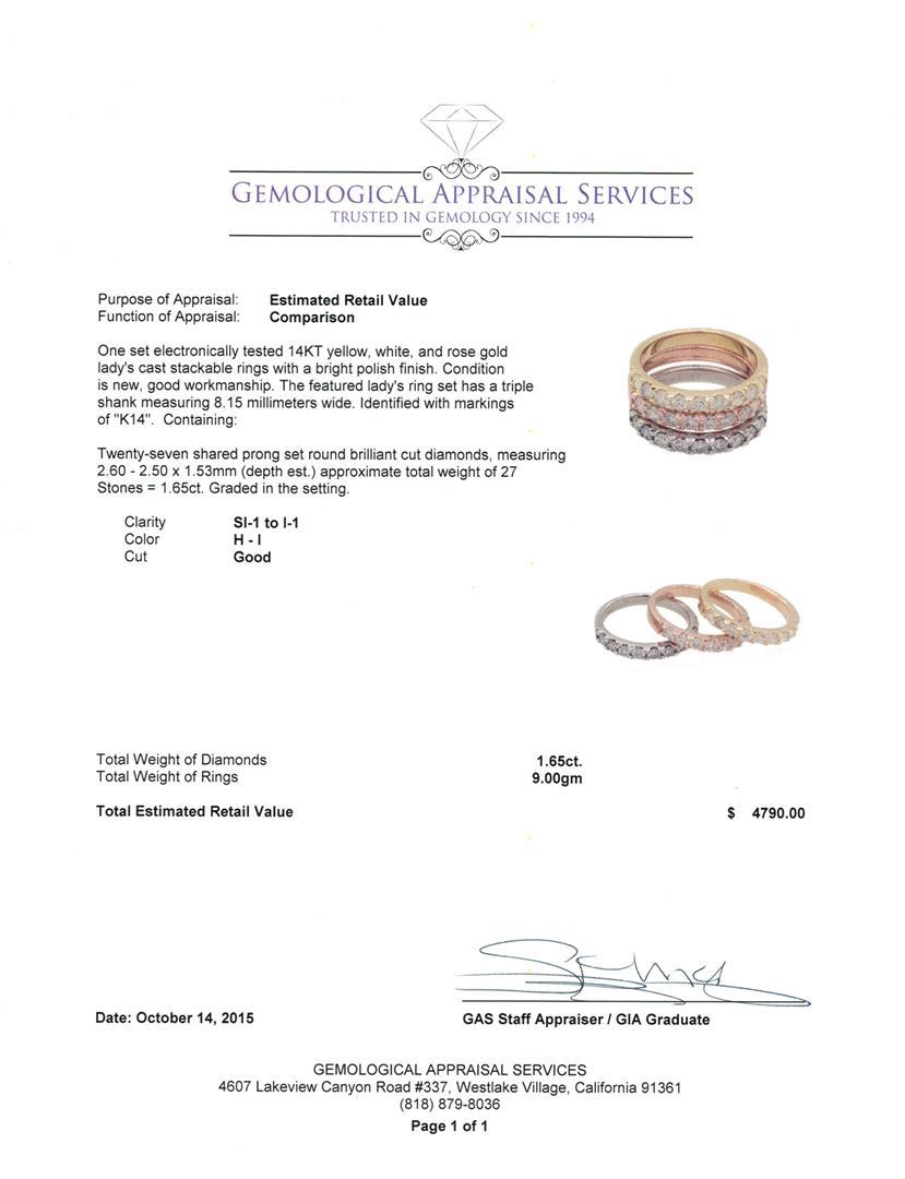 1.65 ctw Diamond Stackable Rings - 14KT Tri-Color Gold