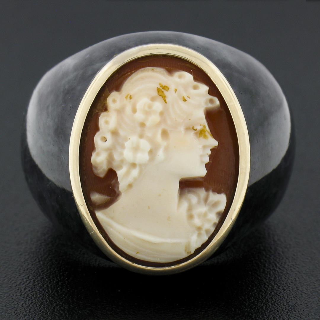 Vintage Carved Black Stone Wide Band Ring w/ 10k Gold Bezel Set Shell Cameo